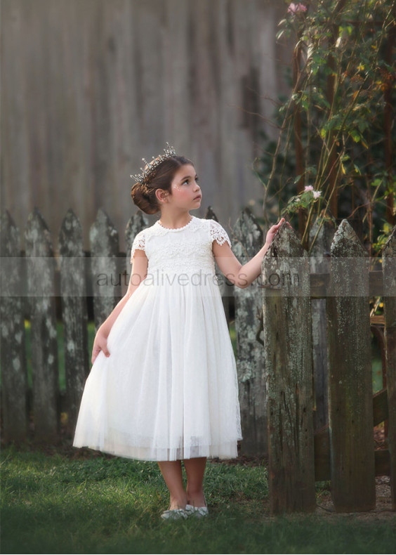 Cap Sleeves Lace Tulle Ivory Flower Girl Dress